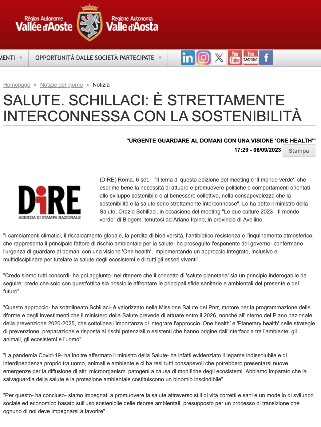 SALUTE. SCHILLACI: È STRETTAMENTE INTERCONNESSA CON LA SOSTENIBILITÀ